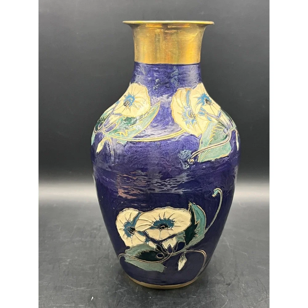 Vtg Cloisonne Enameled Indian Brass Vase‎ Cobalt Blue 8